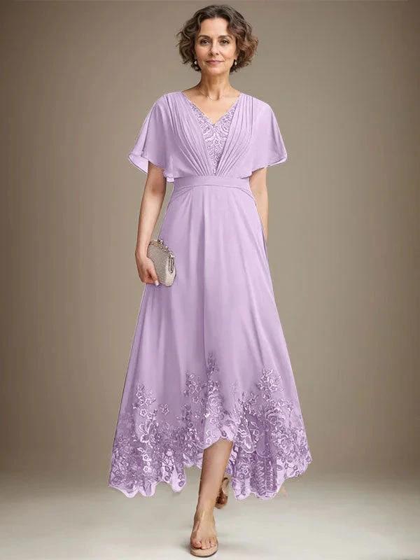 A-line V-Neck Asymmetrical Lace Chiffon Mother of the Bride Dress With Pleated by Dreamylily