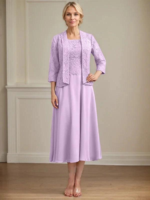 A-line Scoop Tea-Length Lace Chiffon Mother of the Bride Dress by Dreamylily