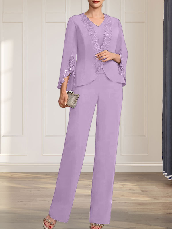 Separates Jumpsuit/Pantsuit V-Neck Floor-Length Chiffon Mother of the Bride Dress