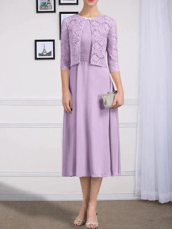 A-line Scoop Tea-Length Chiffon Mother of the Bride Dress With Pleated by Dreamylily