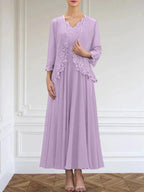 A-line V-Neck Ankle-Length Chiffon Mother of the Bride Dress With Sequins Appliques Lace Beading by Dreamylily