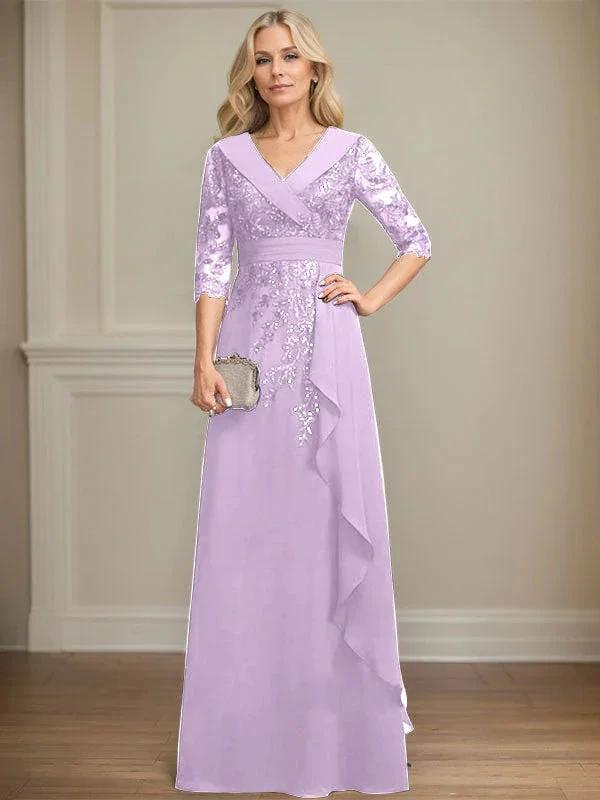A-line Collared V-Neck Floor-Length Lace Chiffon Mother of the Bride Dress With Sequins Cascading Ruffles by Dreamylily