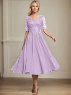 A-line V-Neck Tea-Length Lace Chiffon Mother of the Bride Dress With Sequins by Dreamylily