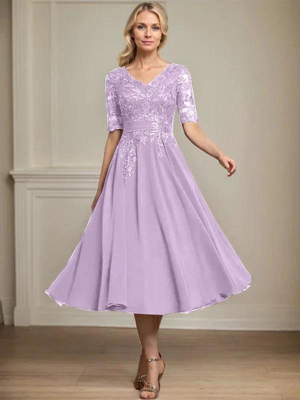 A-line V-Neck Tea-Length Lace Chiffon Mother of the Bride Dress With Sequins by Dreamylily