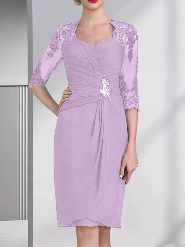 Sheath/Column Sweetheart Knee-Length Chiffon Mother of the Bride Dress With Beading Appliques Lace Sequins Pleated by Dreamylily