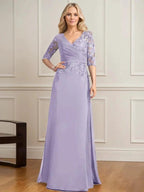 A-line V-Neck Floor-Length Lace Chiffon Mother of the Bride Dress With Pleated Sequins by Dreamylily