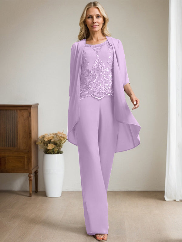 Separates Jumpsuit/Pantsuit Scoop Floor-Length Chiffon Lace Mother of the Bride Dress With Beading Sequins