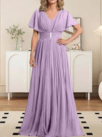 A-line V-Neck Floor-Length Chiffon Mother of the Bride Dress With Crystal Brooch Pleated by Dreamylily