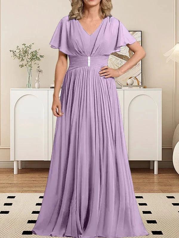 A-line V-Neck Floor-Length Chiffon Mother of the Bride Dress With Crystal Brooch Pleated by Dreamylily