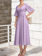 A-line V-Neck Tea-Length Lace Chiffon Mother of the Bride Dress With Pleated by Dreamylily