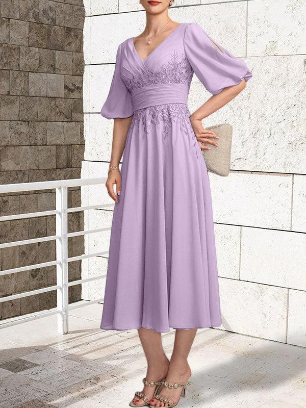 A-line V-Neck Tea-Length Lace Chiffon Mother of the Bride Dress With Pleated by Dreamylily