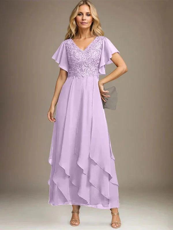 A-line V-Neck Ankle-Length Lace Chiffon Mother of the Bride Dress With Cascading Ruffles by Dreamylily