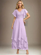 A-line V-Neck Ankle-Length Lace Chiffon Mother of the Bride Dress With Cascading Ruffles by Dreamylily