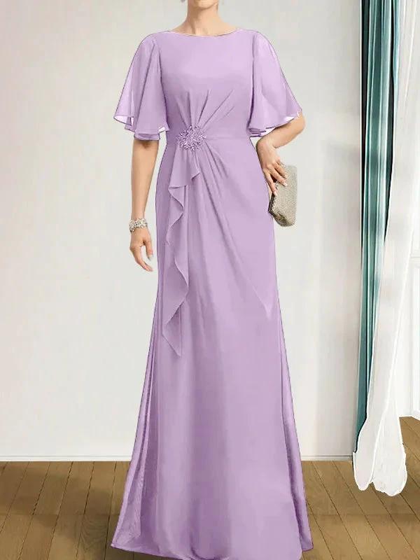 A-line Scoop Floor-Length Chiffon Mother of the Bride Dress With Cascading Ruffles Beading Sequins by Dreamylily
