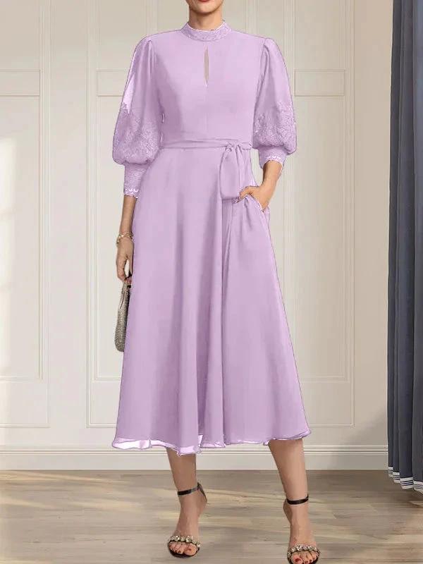 A-line High Neck Tea-Length Lace Chiffon Mother of the Bride Dress With Bow by Dreamylily