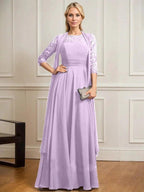 A-line Scoop Illusion Floor-Length Lace Chiffon Mother of the Bride Dress With Pleated by Dreamylily