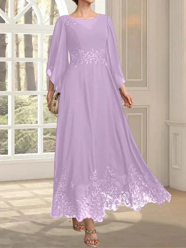 A-line Scoop Illusion Ankle-Length Lace Chiffon Mother of the Bride Dress With Sequins by Dreamylily