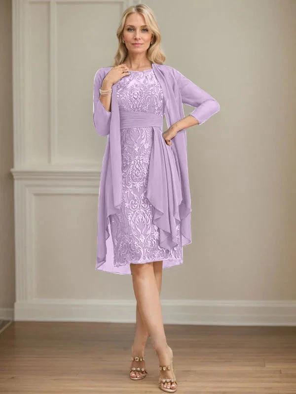 Sheath/Column Scoop Illusion Knee-Length Lace Chiffon Mother of the Bride Dress With Cascading Ruffles Sequins by Dreamylily