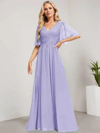 A-line V-Neck Floor-Length Lace Chiffon Mother of the Bride Dress With Sequins by Dreamylily
