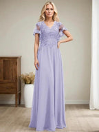 A-line V-Neck Floor-Length Lace Chiffon Mother of the Bride Dress With Sequins by Dreamylily