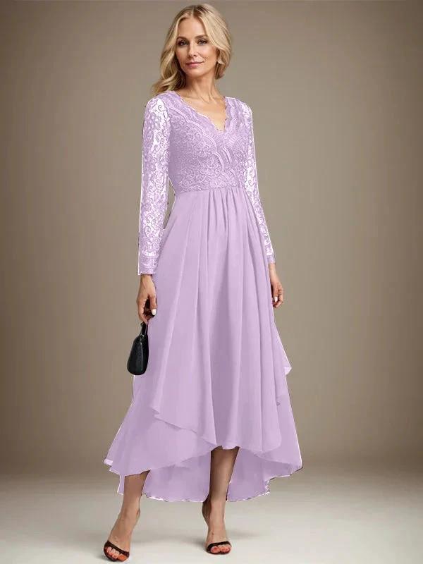 A-line V-Neck Asymmetrical Lace Chiffon Mother of the Bride Dress by Dreamylily