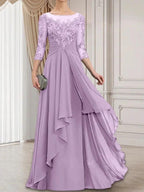 A-line Scoop Illusion Floor-Length Lace Chiffon Mother of the Bride Dress With Cascading Ruffles by Dreamylily