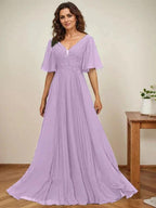 A-line V-Neck Floor-Length Chiffon Mother of the Bride Dress With Sequins Appliques Lace Pleated by Dreamylily