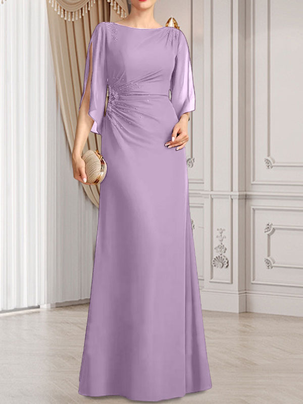 Etui-Linie/Säule U-Ausschnitt Bodenlang Chiffon Kleid für die Brautmutter mit Plissee Perlenbesatz