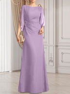 Etui-Linie/Säule U-Ausschnitt Bodenlang Chiffon Kleid für die Brautmutter mit Plissee Perlenbesatz