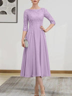 A-line Scoop Illusion Tea-Length Chiffon Lace Mother of the Bride Dress With Beading Sequins by Dreamylily