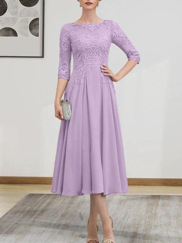 A-line Scoop Illusion Tea-Length Chiffon Lace Mother of the Bride Dress With Beading Sequins by Dreamylily