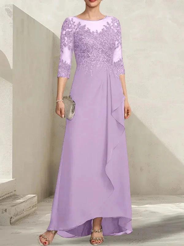 A-line Scoop Illusion Asymmetrical Lace Chiffon Mother of the Bride Dress With Sequins Cascading Ruffles by Dreamylily