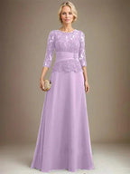 A-line Scoop Illusion Floor-Length Chiffon Lace Mother of the Bride Dress With Pleated Sequins Beading by Dreamylily