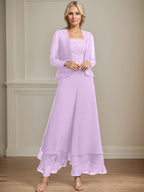 Separates Jumpsuit/Pantsuit Square Ankle-Length Lace Chiffon Mother of the Bride Dress With Sequins