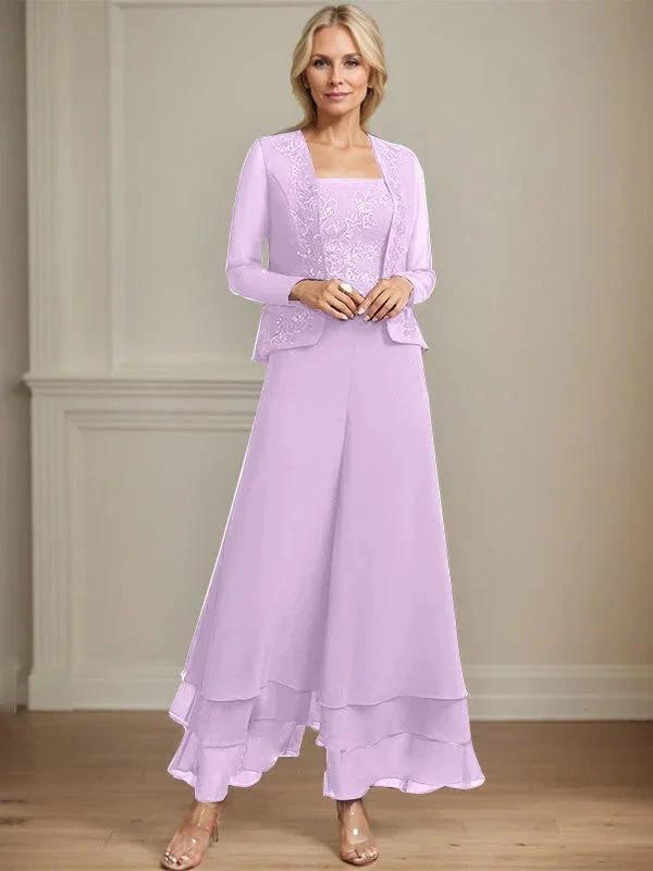 Separates Jumpsuit/Pantsuit Square Ankle-Length Lace Chiffon Mother of the Bride Dress With Sequins by Dreamylily