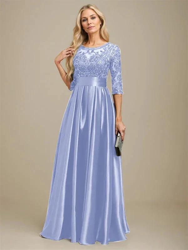 A-line Scoop Illusion Floor-Length Stretch Satin Lace Mother of the Bride Dress With Bow Sequins by Dreamylily