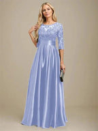 A-line Scoop Illusion Floor-Length Stretch Satin Lace Mother of the Bride Dress With Bow Sequins by Dreamylily