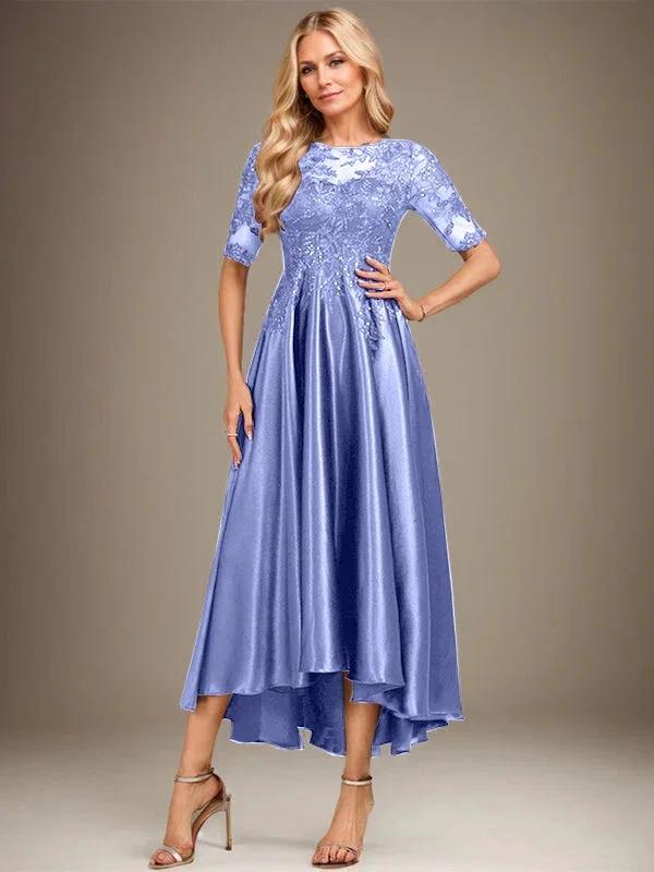 A-line Scoop Illusion Asymmetrical Stretch Satin Lace Mother of the Bride Dress With Sequins by Dreamylily
