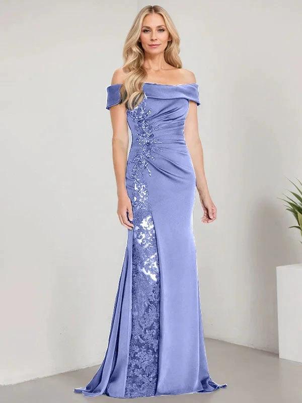 A-Line Off the Shoulder Floor-Length Mother of the Bride Dress Applique Beadings Mermaid Dress With High Split by Dreamylily