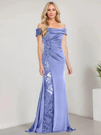 A-Line Off the Shoulder Floor-Length Mother of the Bride Dress Applique Beadings Mermaid Dress With High Split by Dreamylily