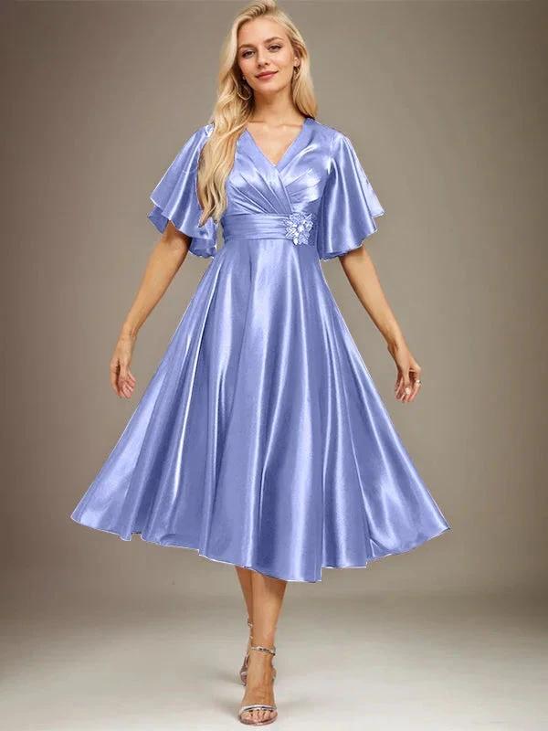 A-line V-Neck Tea-Length Stretch Satin Mother of the Bride Dress With Beading Pleated by Dreamylily