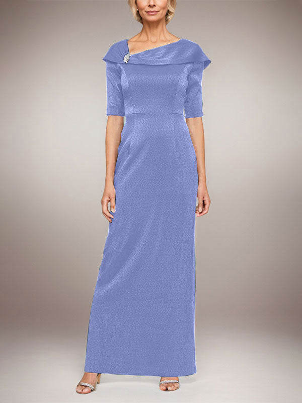 Long Shimmer Column Dress with Foldover Cuff L-Neckline and Elbow Sleeves