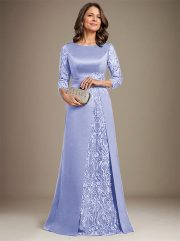 A-Linie U-Ausschnitt Bodenlang Spitze Satin Kleid für die Brautmutter mit Applikation 