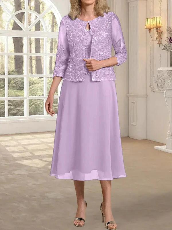 A-line Scoop Tea-Length Lace Chiffon Mother of the Bride Dress With Sequins by Dreamylily