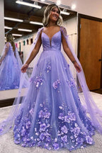 Lavender 3D Floral Lace A Line Sleeves Long Prom Dresses PSK446 by pgmdress