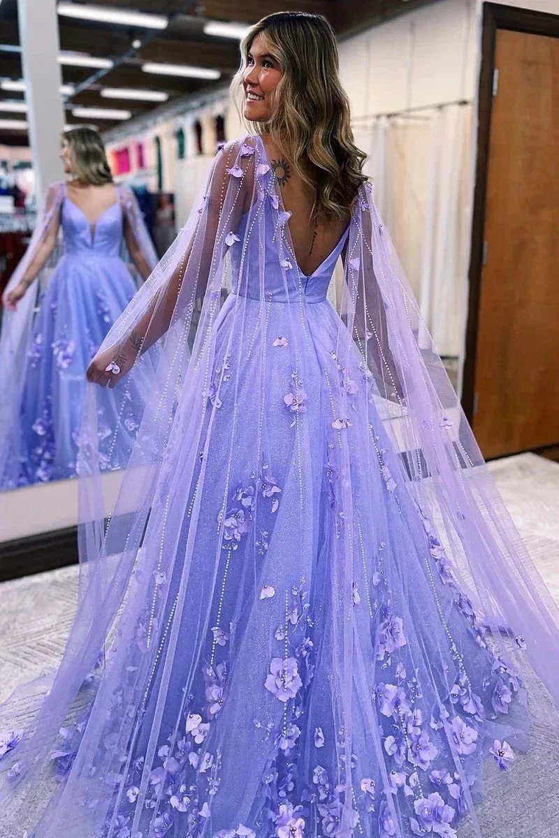 Lavender 3D Floral Lace A Line Sleeves Long Prom Dresses PSK446 by pgmdress