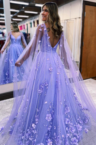 Vestido de fiesta largo con encaje floral 3D color lavanda, mangas acampanadas, PSK446