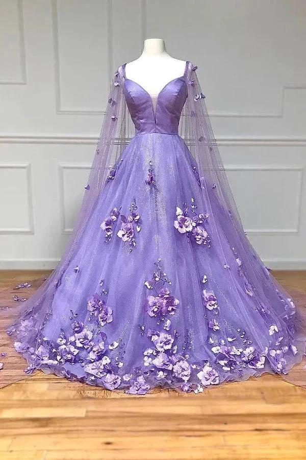 Lavender 3D Floral Lace A Line Sleeves Long Prom Dresses PSK446 by pgmdress