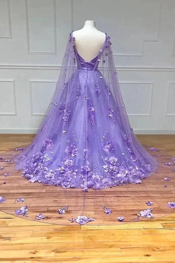 Lavender 3D Floral Lace A Line Sleeves Long Prom Dresses PSK446 by pgmdress