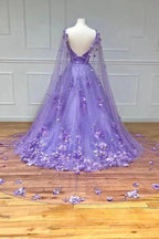 Lavender 3D Floral Lace A Line Sleeves Long Prom Dresses PSK446 by pgmdress